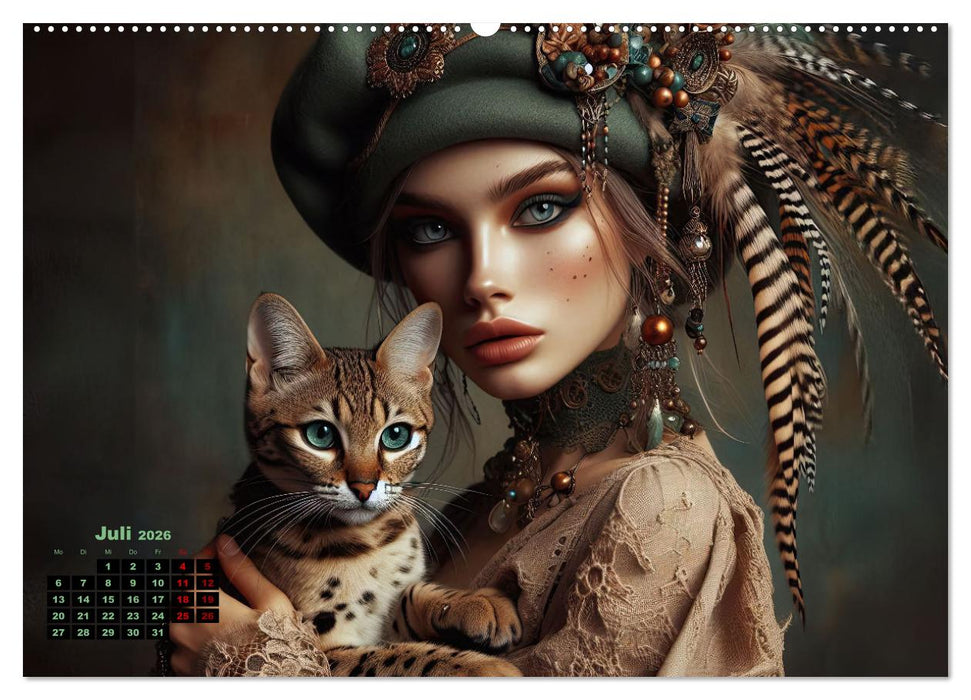 Luxuriöser Bohemian Flair - Elegante Frauen mit anmutigen Katzen (CALVENDO Premium Wandkalender 2026)