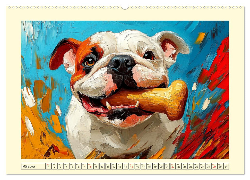 Bulldoggen. Bunter Hundespaß im Ölbilder-Stil (CALVENDO Premium Wandkalender 2026)