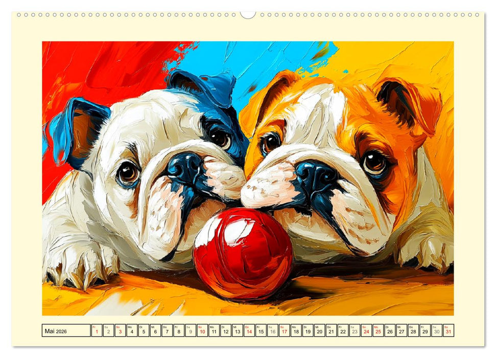 Bulldoggen. Bunter Hundespaß im Ölbilder-Stil (CALVENDO Premium Wandkalender 2026)