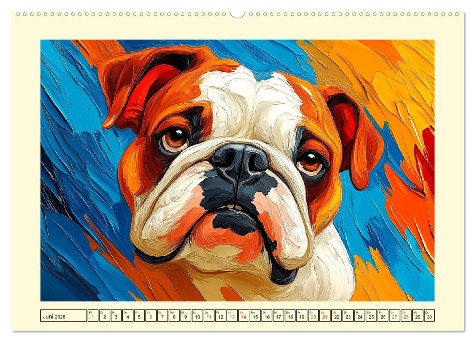 Bulldoggen. Bunter Hundespaß im Ölbilder-Stil (CALVENDO Premium Wandkalender 2026)