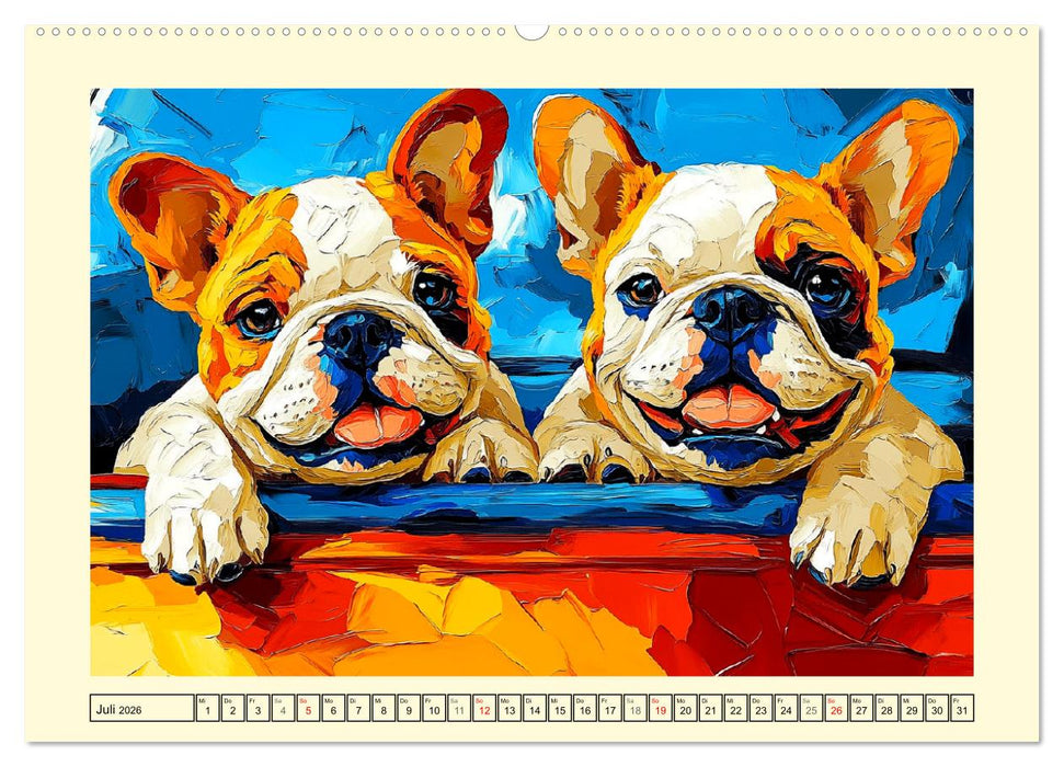 Bulldoggen. Bunter Hundespaß im Ölbilder-Stil (CALVENDO Premium Wandkalender 2026)
