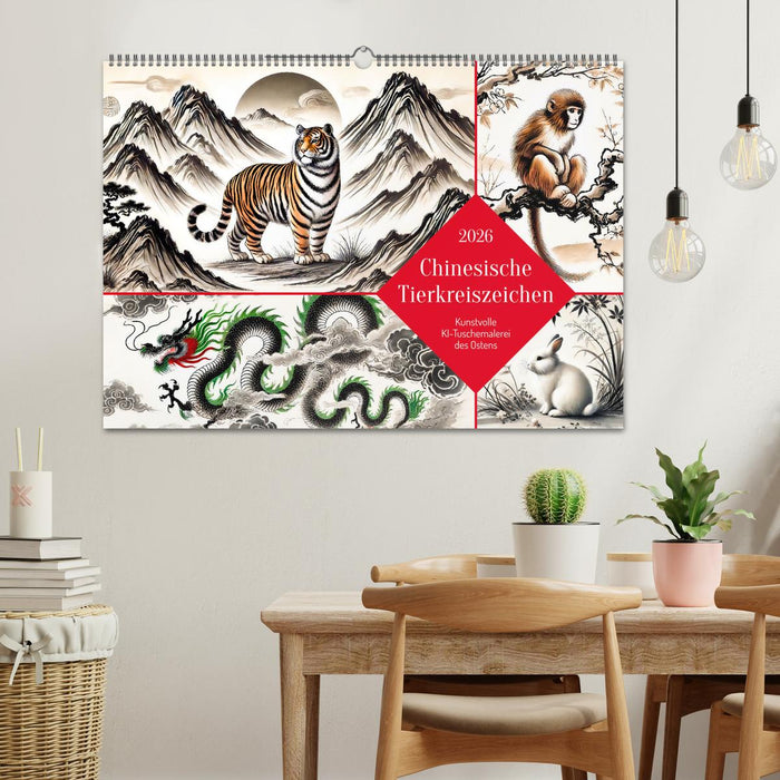 Chinesische Tierkreiszeichen - Kunstvolle KI-Tuschemalerei des Ostens (CALVENDO Wandkalender 2026)
