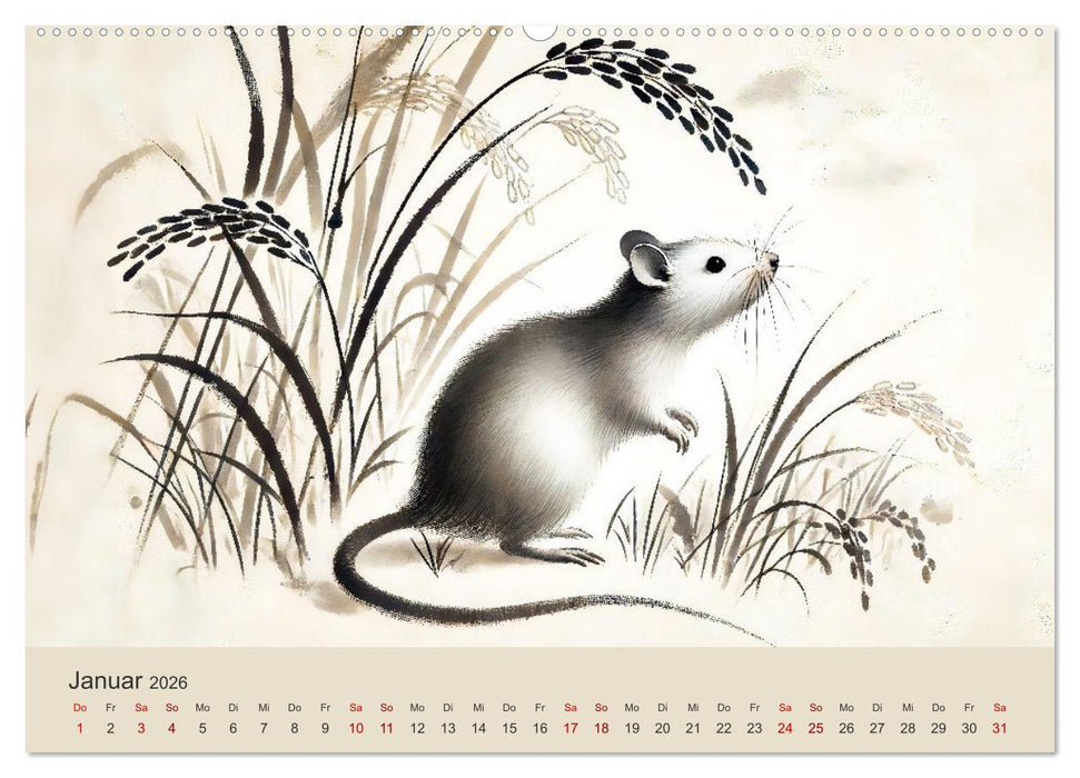 Chinesische Tierkreiszeichen - Kunstvolle KI-Tuschemalerei des Ostens (CALVENDO Wandkalender 2026)