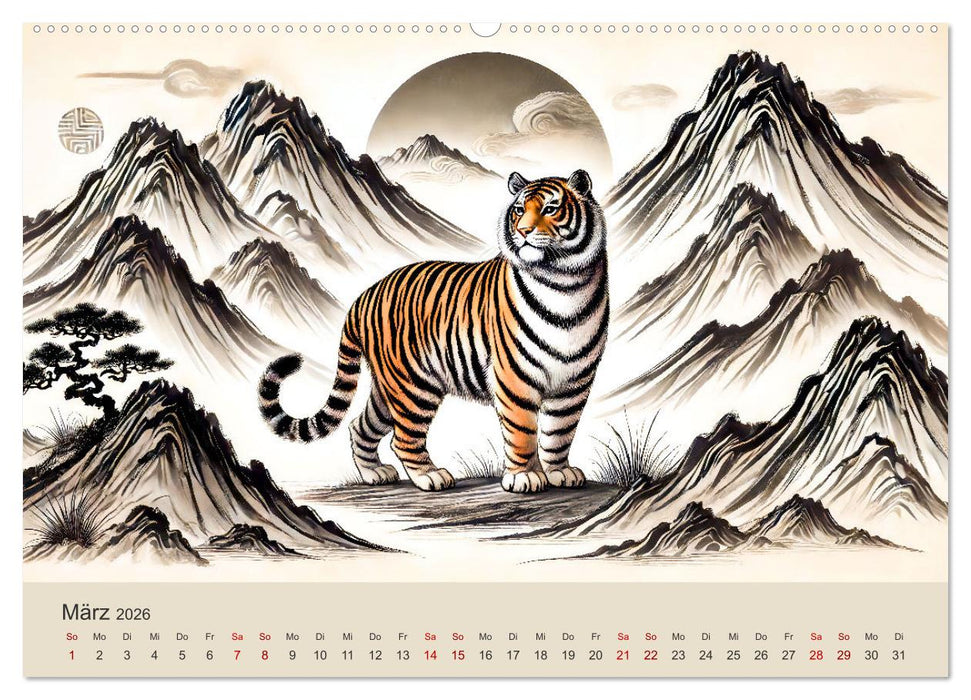 Chinesische Tierkreiszeichen - Kunstvolle KI-Tuschemalerei des Ostens (CALVENDO Wandkalender 2026)