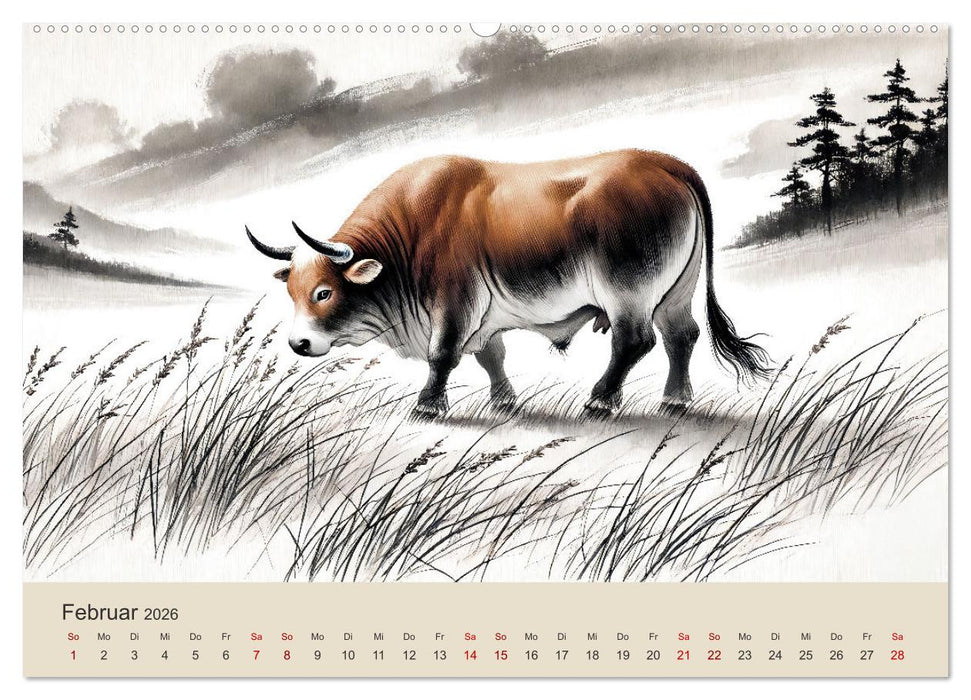 Chinesische Tierkreiszeichen - Kunstvolle KI-Tuschemalerei des Ostens (CALVENDO Premium Wandkalender 2026)