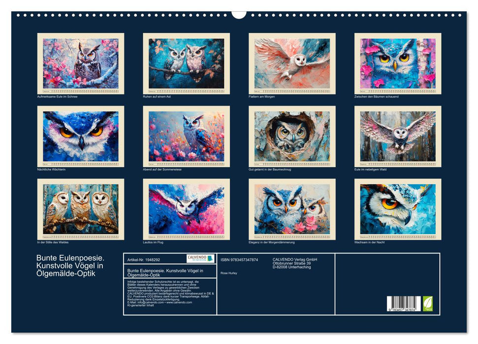 Bunte Eulenpoesie. Kunstvolle Vögel in Ölgemälde-Optik (CALVENDO Wandkalender 2026)