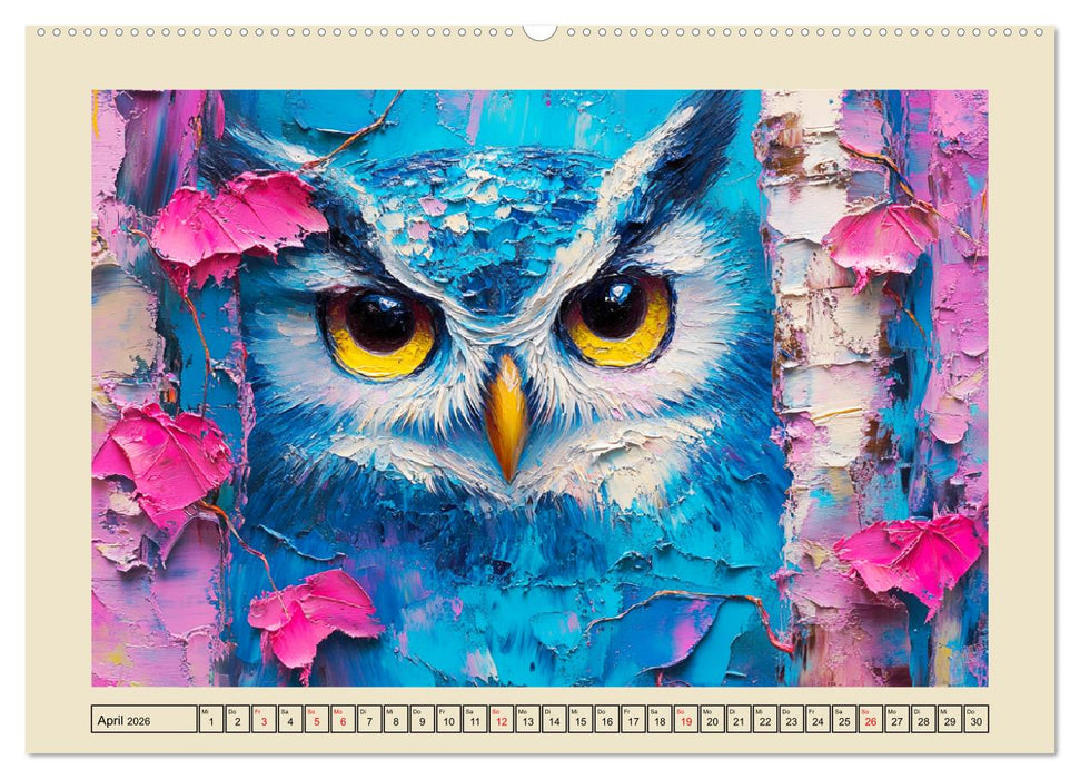 Bunte Eulenpoesie. Kunstvolle Vögel in Ölgemälde-Optik (CALVENDO Wandkalender 2026)