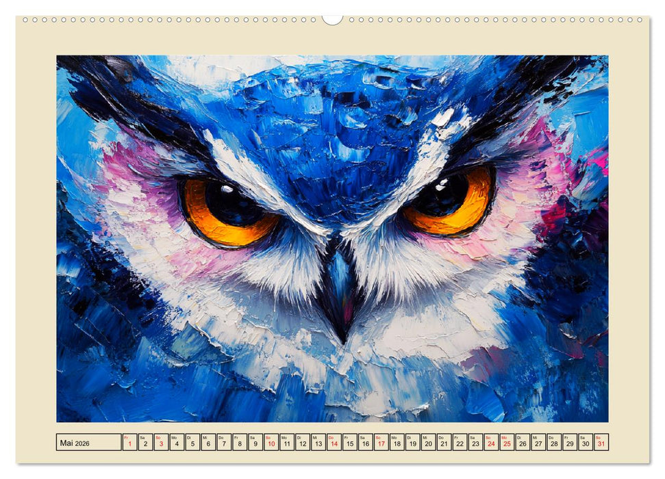 Bunte Eulenpoesie. Kunstvolle Vögel in Ölgemälde-Optik (CALVENDO Wandkalender 2026)