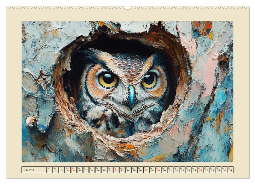 Bunte Eulenpoesie. Kunstvolle Vögel in Ölgemälde-Optik (CALVENDO Premium Wandkalender 2026)