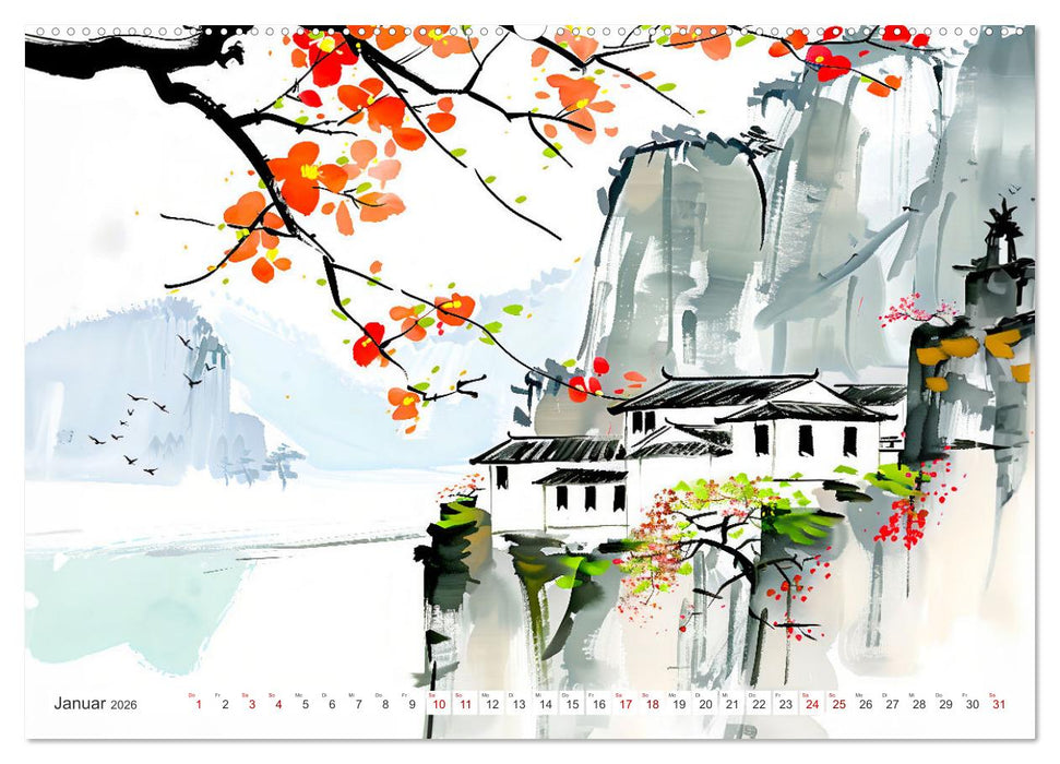 Fernost Impressionen - Tempel und Landschaften in KI-Tuschekunst (CALVENDO Premium Wandkalender 2026)