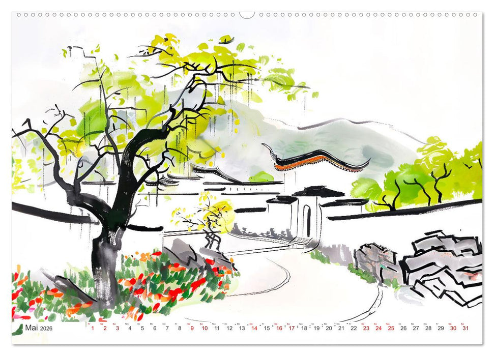 Fernost Impressionen - Tempel und Landschaften in KI-Tuschekunst (CALVENDO Premium Wandkalender 2026)