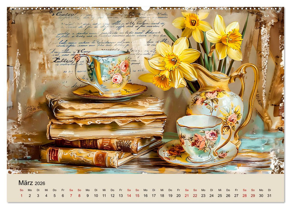 Shabby Chic Romantik - Vintage Tassen, Blumen und nostalgische Briefe (CALVENDO Wandkalender 2026)
