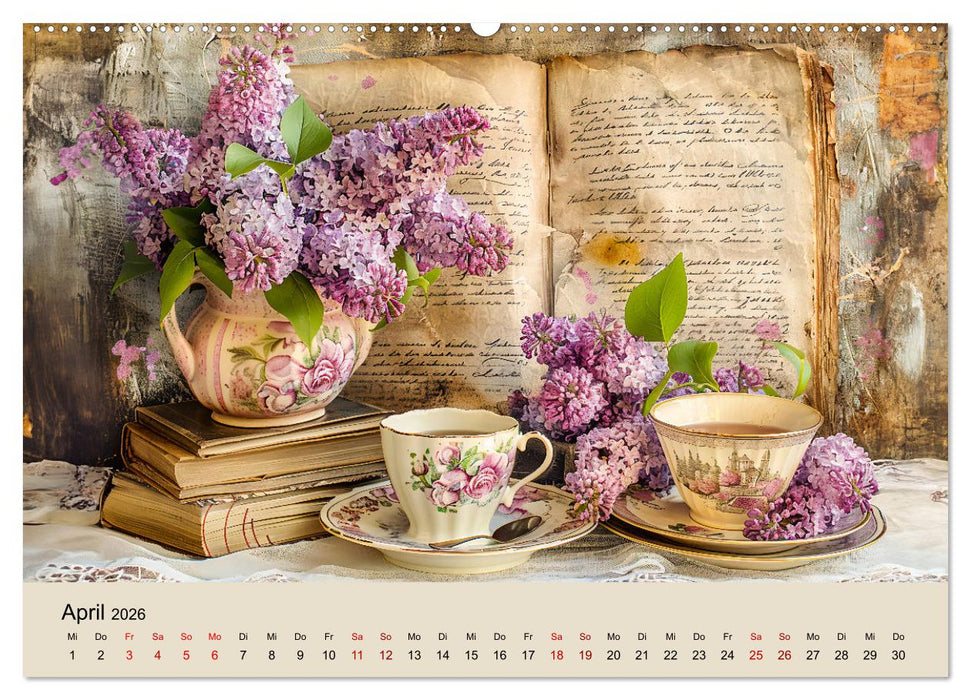 Shabby Chic Romantik - Vintage Tassen, Blumen und nostalgische Briefe (CALVENDO Premium Wandkalender 2026)