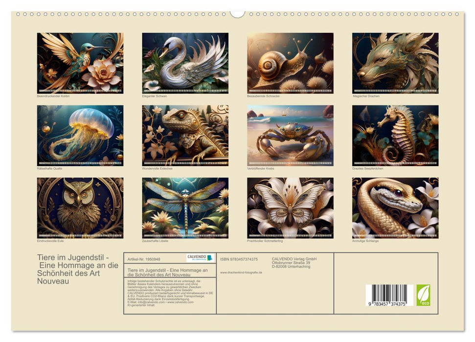 Tiere im Jugendstil - Eine Hommage an die Schönheit des Art Nouveau (CALVENDO Premium Wandkalender 2026)