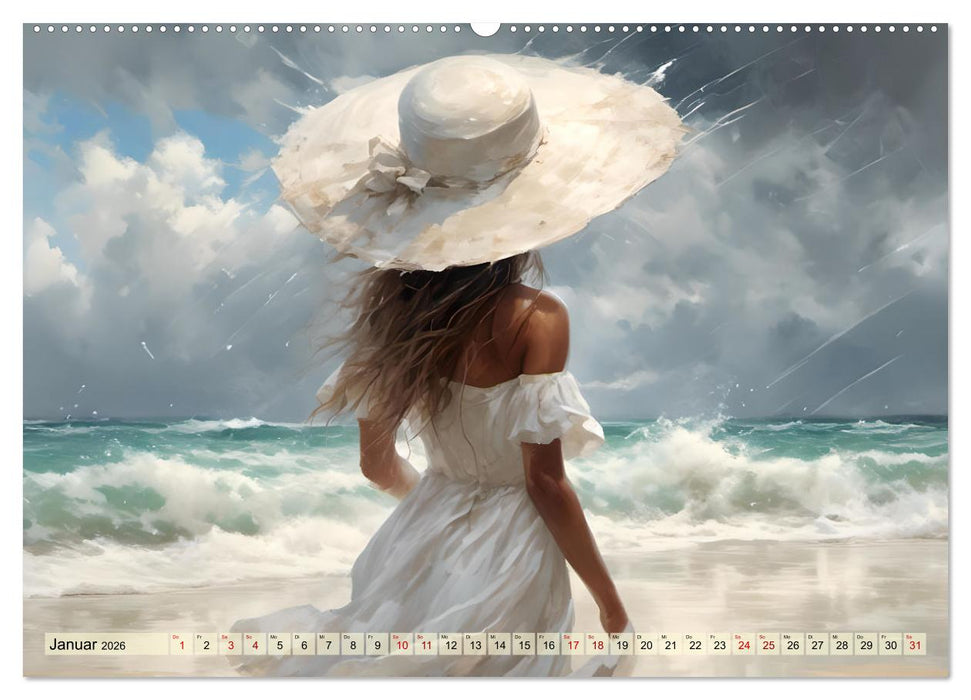 Strandzauber- Frauen in eleganten Kleidern (CALVENDO Premium Wandkalender 2026)