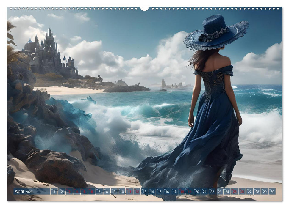 Strandzauber- Frauen in eleganten Kleidern (CALVENDO Premium Wandkalender 2026)