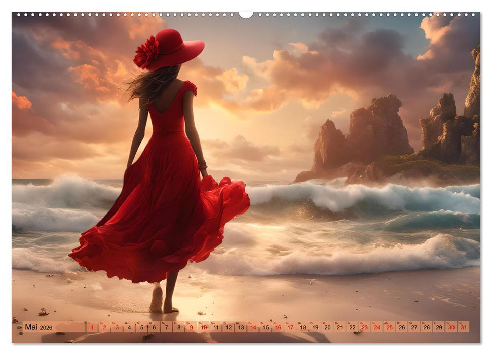 Strandzauber- Frauen in eleganten Kleidern (CALVENDO Premium Wandkalender 2026)