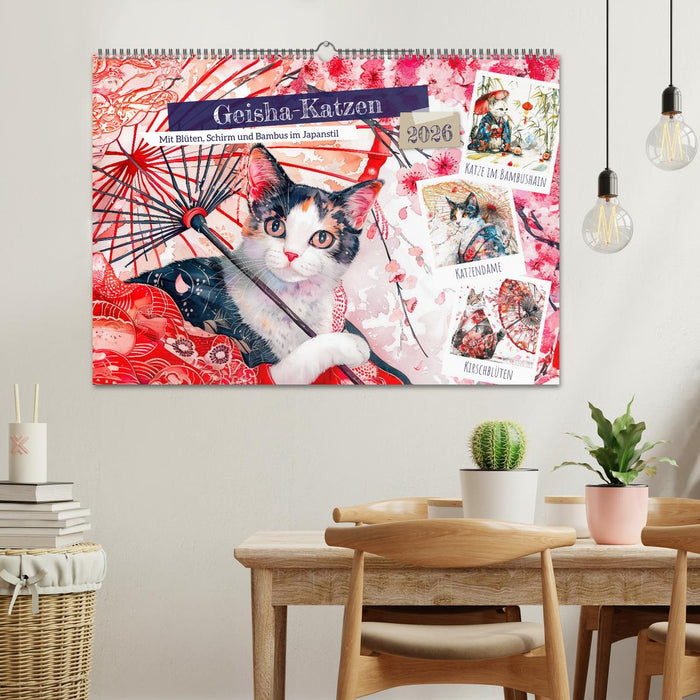 Geisha-Katzen - Mit Blüten, Schirm und Bambus im Japanstil (CALVENDO Wandkalender 2026)