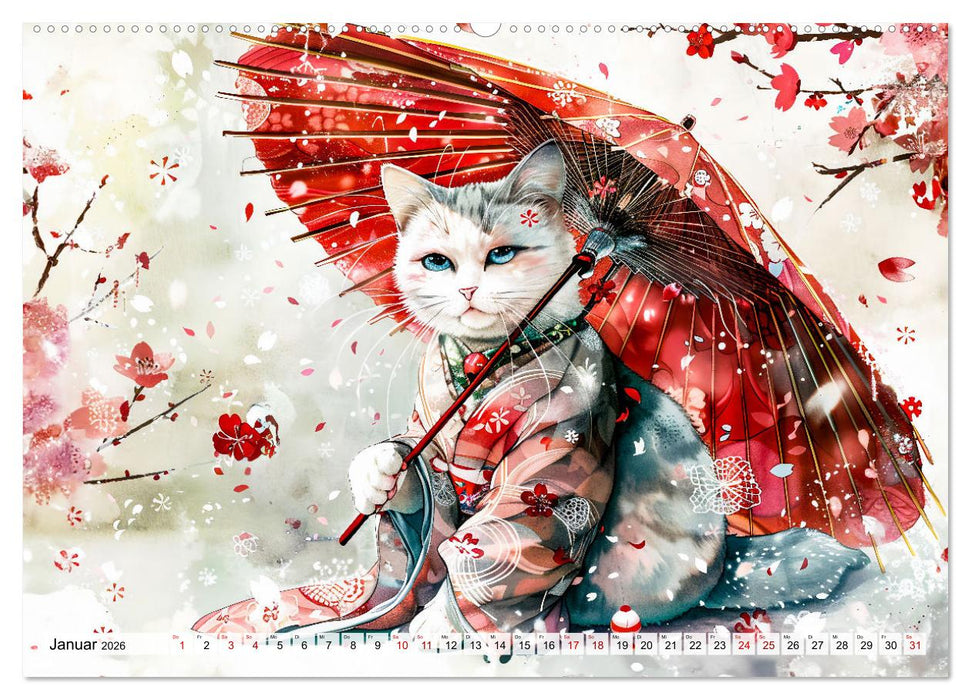 Geisha-Katzen - Mit Blüten, Schirm und Bambus im Japanstil (CALVENDO Wandkalender 2026)
