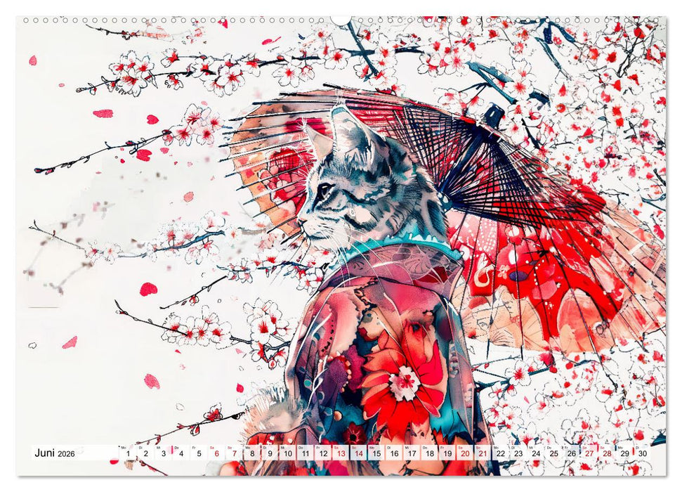 Geisha-Katzen - Mit Blüten, Schirm und Bambus im Japanstil (CALVENDO Wandkalender 2026)