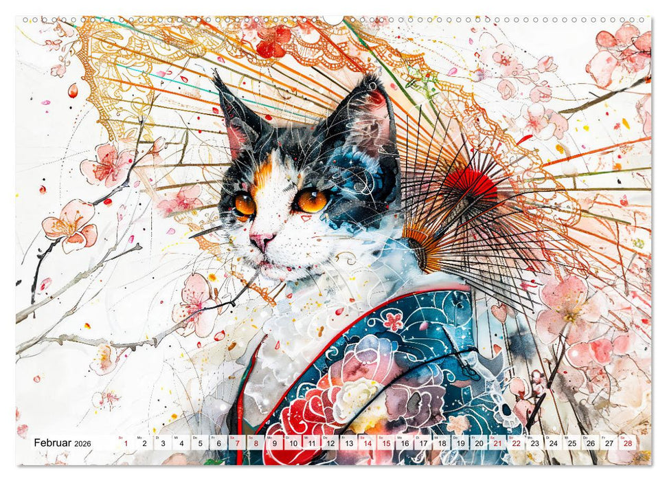 Geisha-Katzen - Mit Blüten, Schirm und Bambus im Japanstil (CALVENDO Premium Wandkalender 2026)