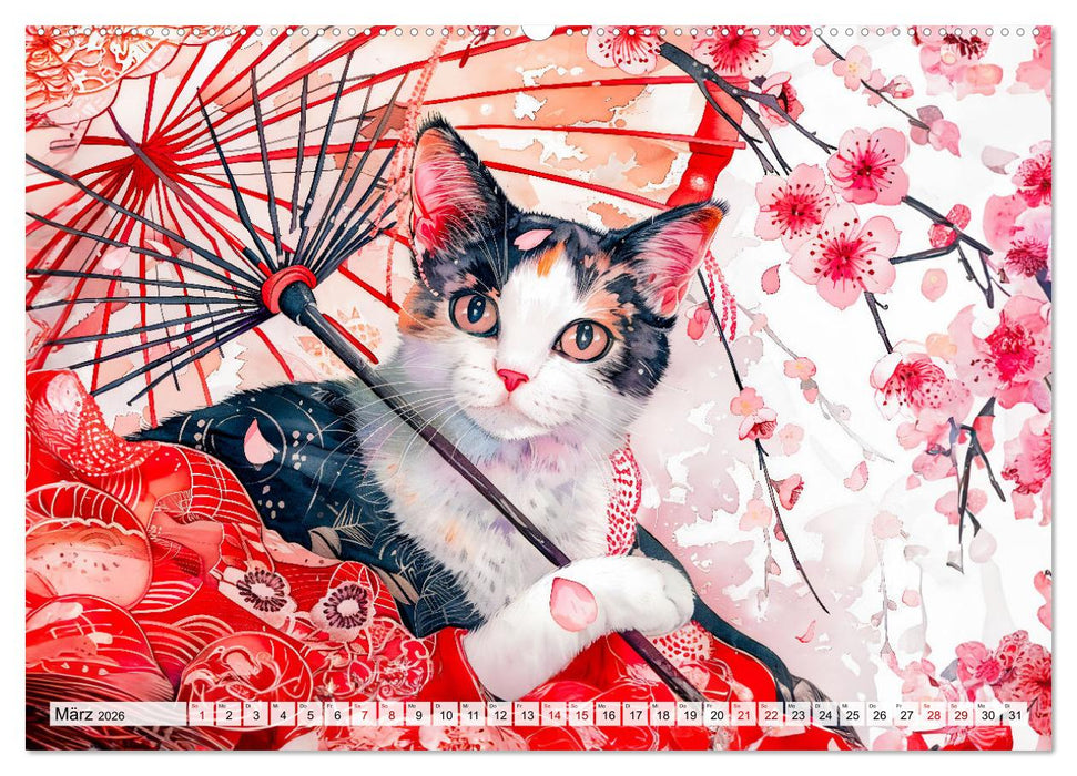 Geisha-Katzen - Mit Blüten, Schirm und Bambus im Japanstil (CALVENDO Premium Wandkalender 2026)