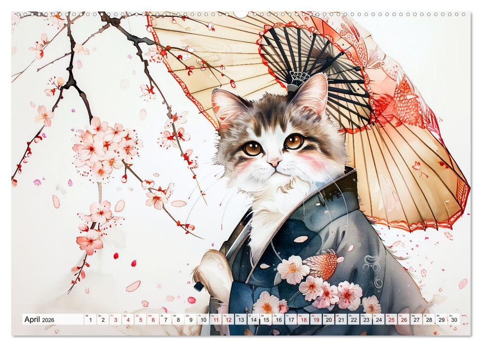 Geisha-Katzen - Mit Blüten, Schirm und Bambus im Japanstil (CALVENDO Premium Wandkalender 2026)