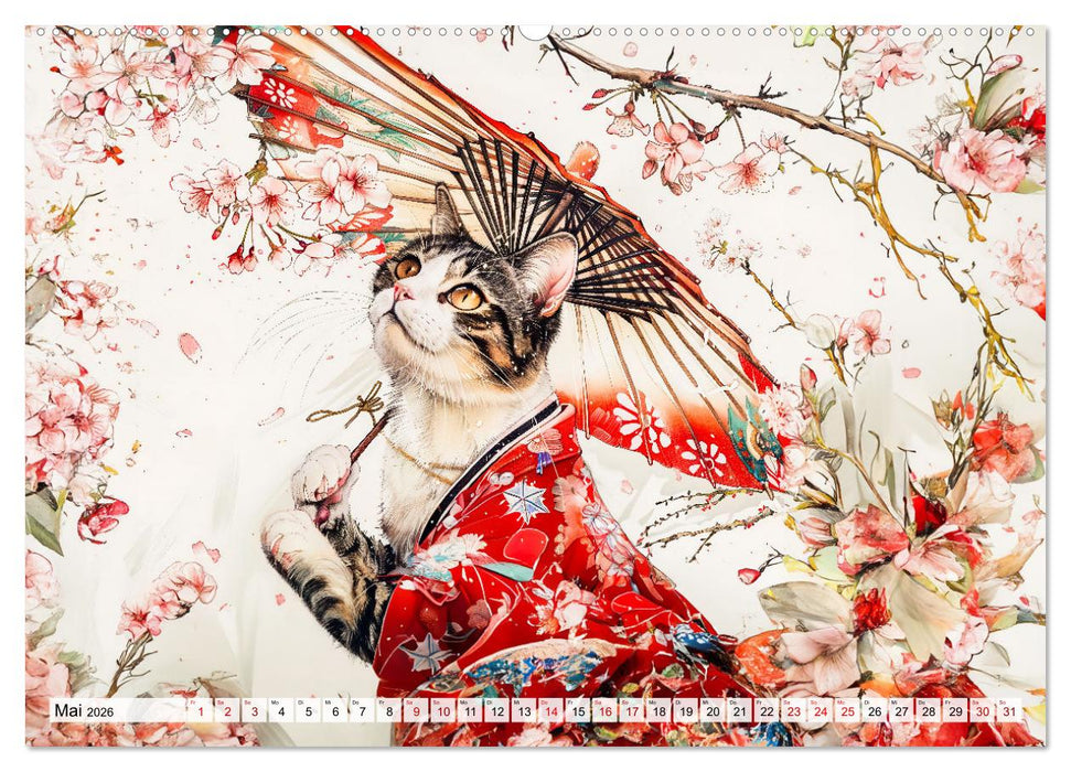 Geisha-Katzen - Mit Blüten, Schirm und Bambus im Japanstil (CALVENDO Premium Wandkalender 2026)