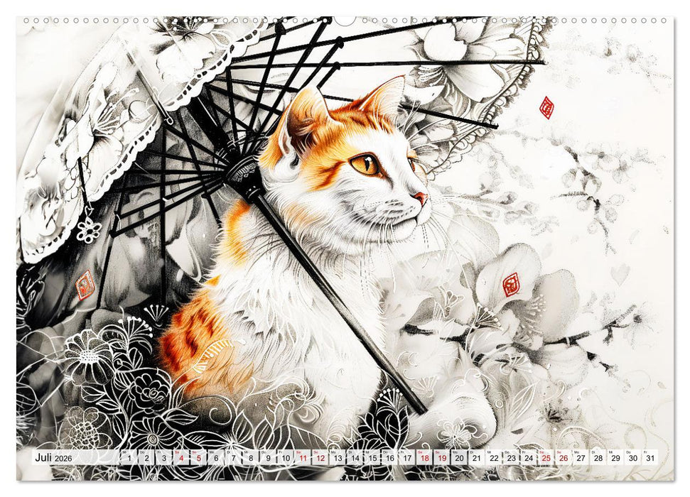 Geisha-Katzen - Mit Blüten, Schirm und Bambus im Japanstil (CALVENDO Premium Wandkalender 2026)