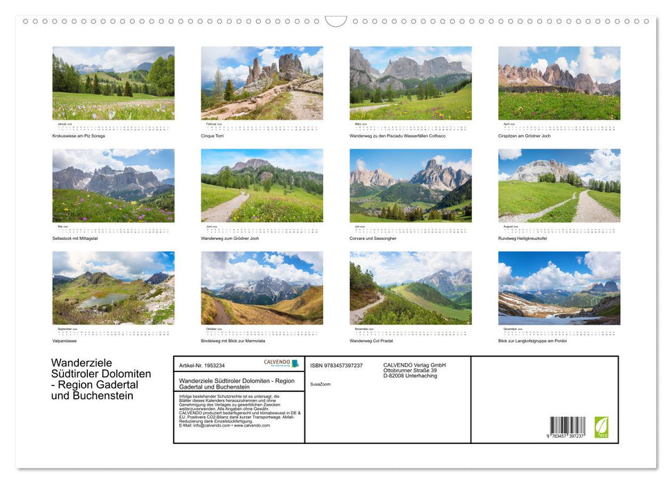 Wanderziele Südtiroler Dolomiten - Region Gadertal und Buchenstein (CALVENDO Wandkalender 2026)