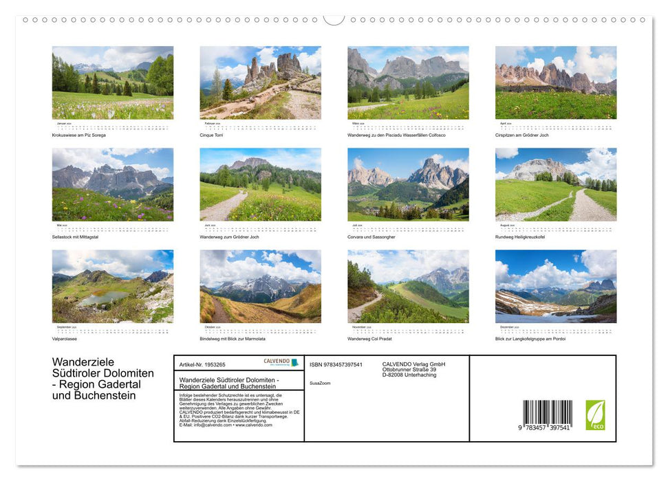 Wanderziele Südtiroler Dolomiten - Region Gadertal und Buchenstein (CALVENDO Premium Wandkalender 2026)