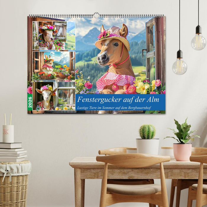 Fenstergucker auf der Alm. Lustige Tiere im Sommer auf dem Bergbauernhof (CALVENDO Wandkalender 2026)