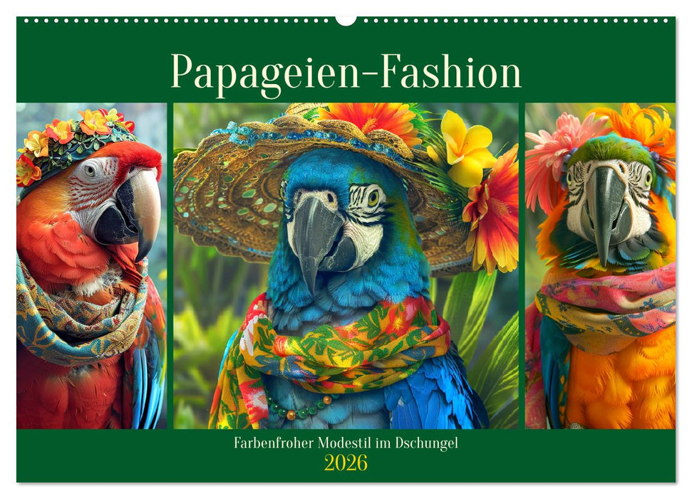 Papageien-Fashion. Farbenfroher Modestil im Dschungel (CALVENDO Wandkalender 2026)