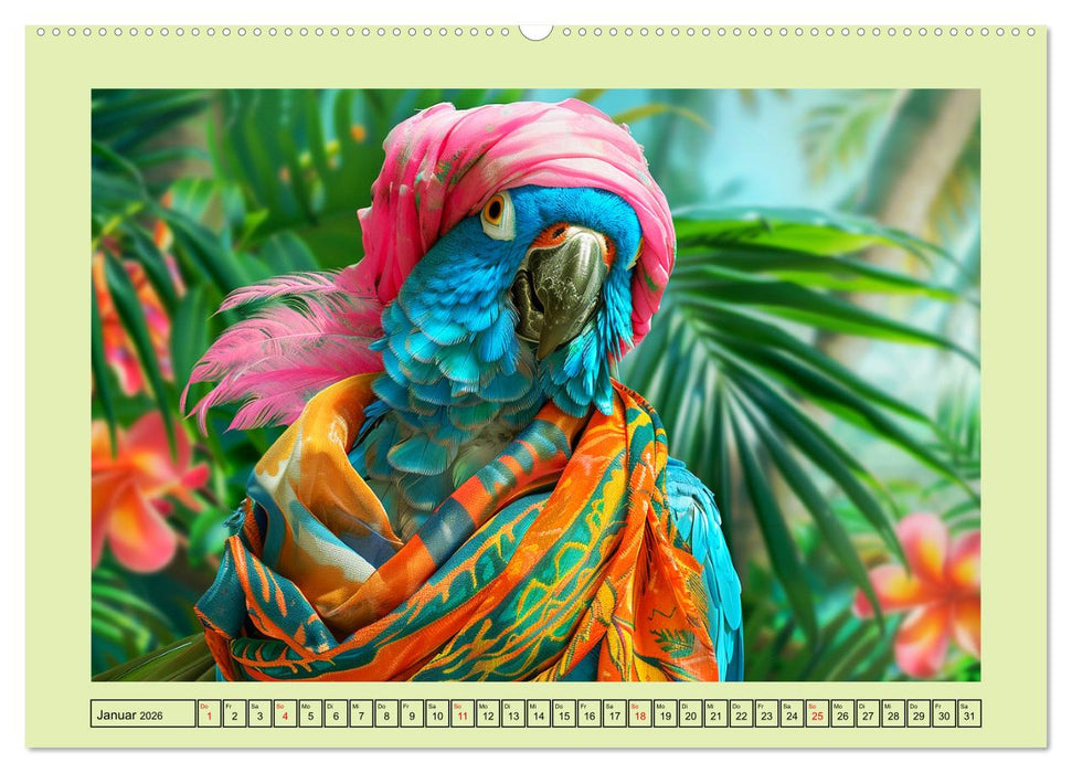 Papageien-Fashion. Farbenfroher Modestil im Dschungel (CALVENDO Wandkalender 2026)