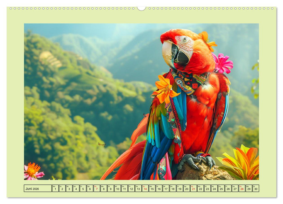 Papageien-Fashion. Farbenfroher Modestil im Dschungel (CALVENDO Premium Wandkalender 2026)