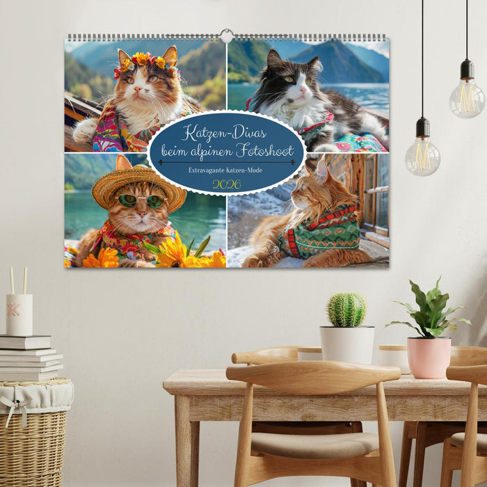 Katzen-Divas beim alpinen Fotoshoot. Extravagante Katzenmode (CALVENDO Wandkalender 2026)