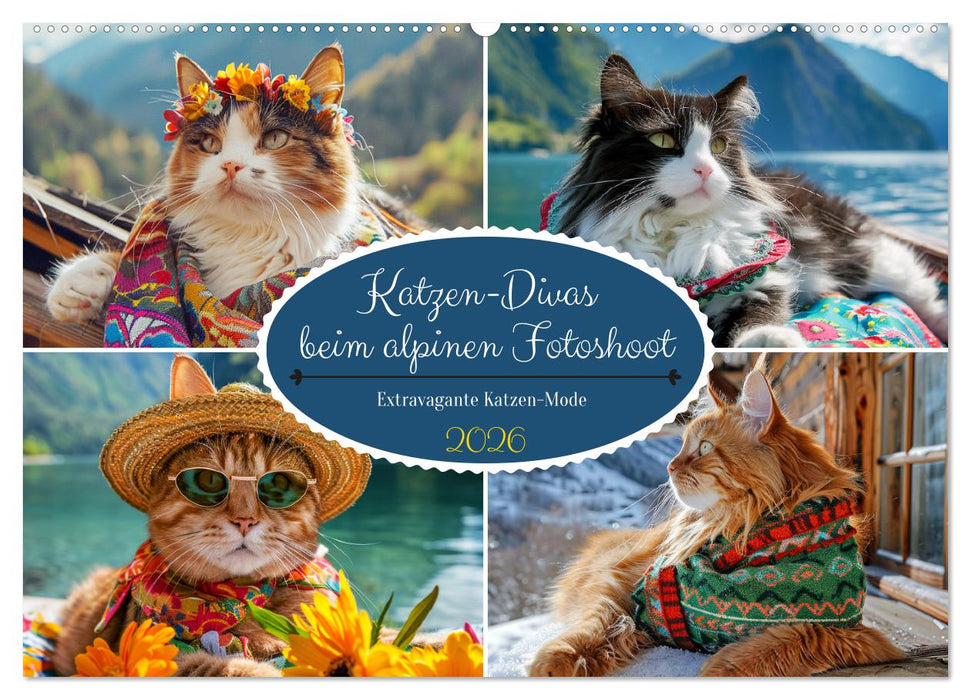 Katzen-Divas beim alpinen Fotoshoot. Extravagante Katzenmode (CALVENDO Wandkalender 2026)