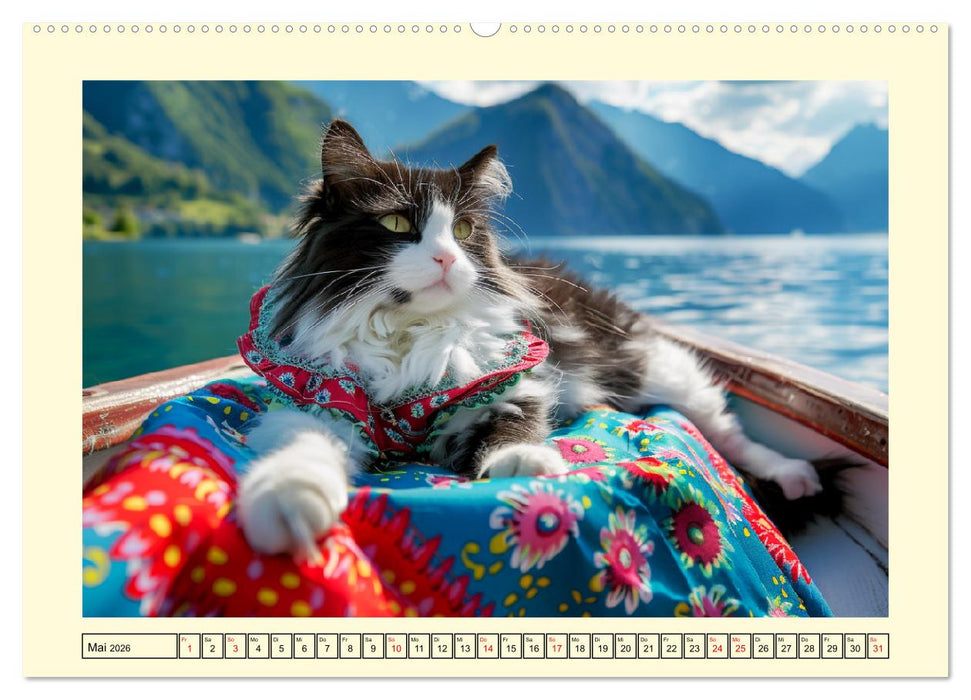 Katzen-Divas beim alpinen Fotoshoot. Extravagante Katzenmode (CALVENDO Wandkalender 2026)