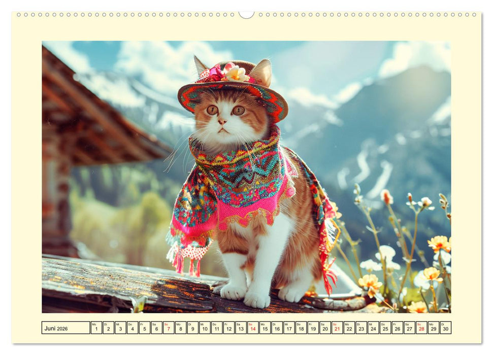 Katzen-Divas beim alpinen Fotoshoot. Extravagante Katzenmode (CALVENDO Wandkalender 2026)