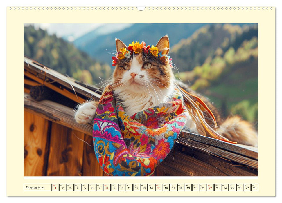 Katzen-Divas beim alpinen Fotoshoot. Extravagante Katzenmode (CALVENDO Premium Wandkalender 2026)