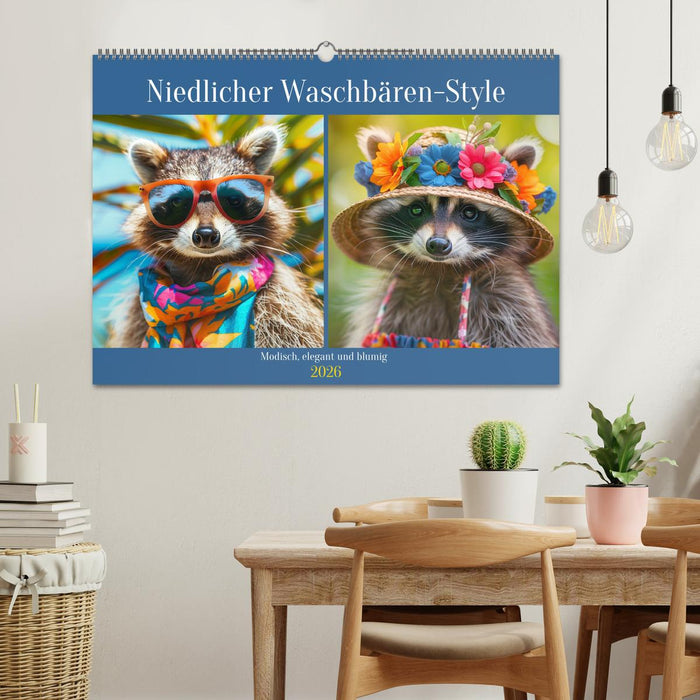 Niedlicher Waschbären-Style. Modisch, elegant und blumig (CALVENDO Wandkalender 2026)