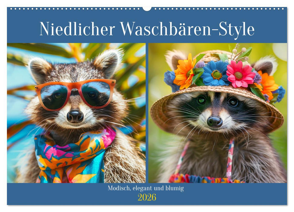 Niedlicher Waschbären-Style. Modisch, elegant und blumig (CALVENDO Wandkalender 2026)
