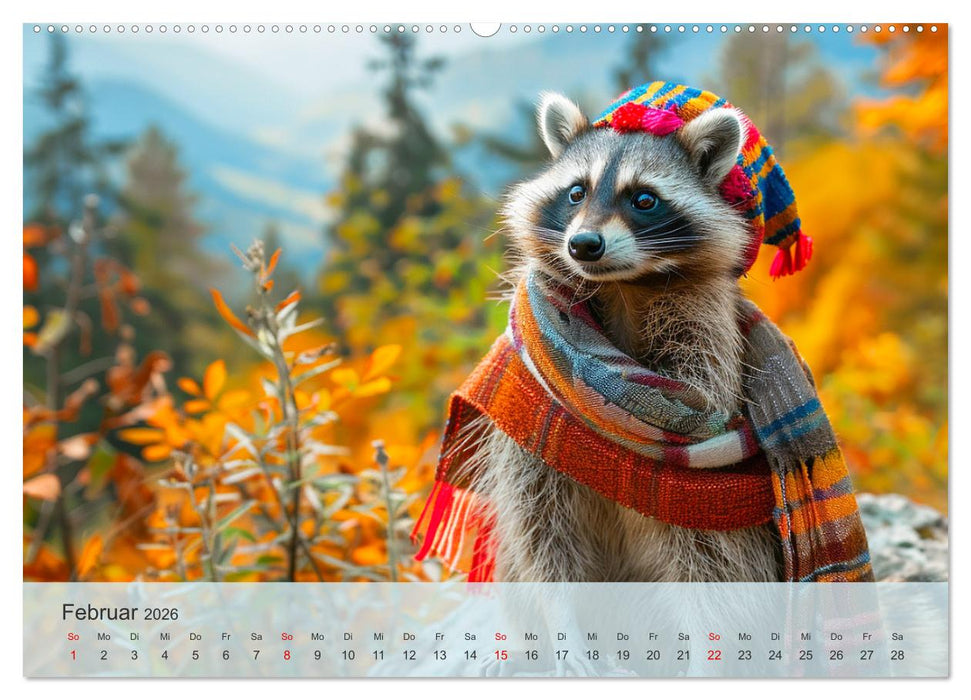 Niedlicher Waschbären-Style. Modisch, elegant und blumig (CALVENDO Wandkalender 2026)