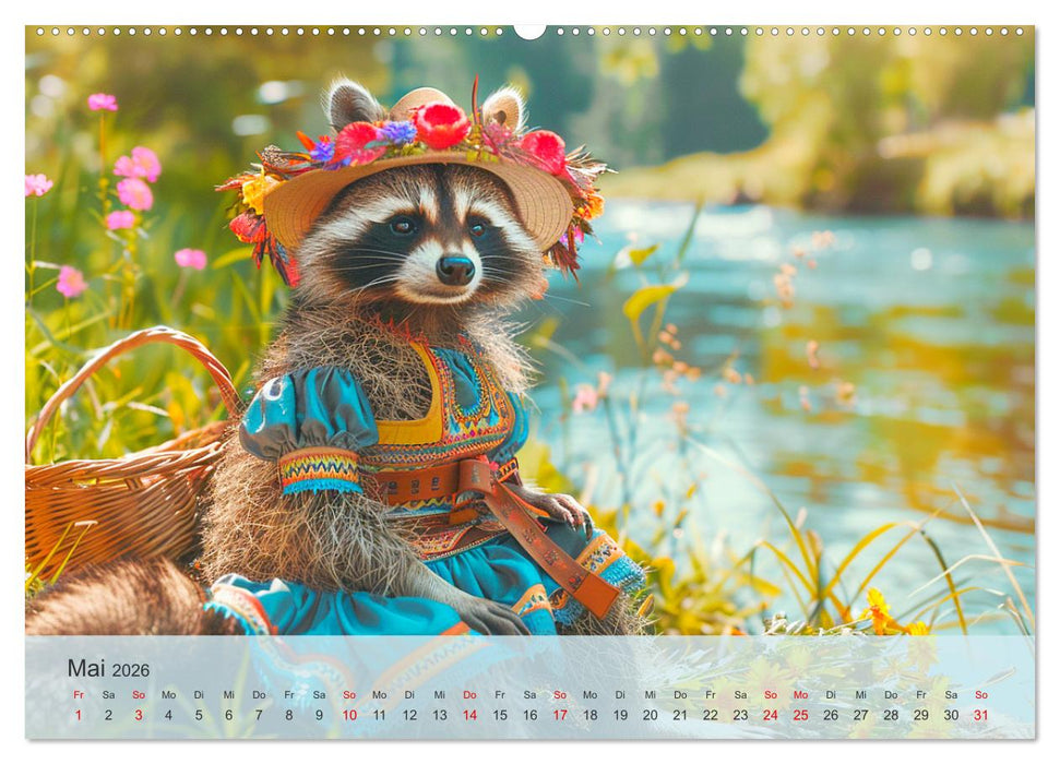 Niedlicher Waschbären-Style. Modisch, elegant und blumig (CALVENDO Wandkalender 2026)