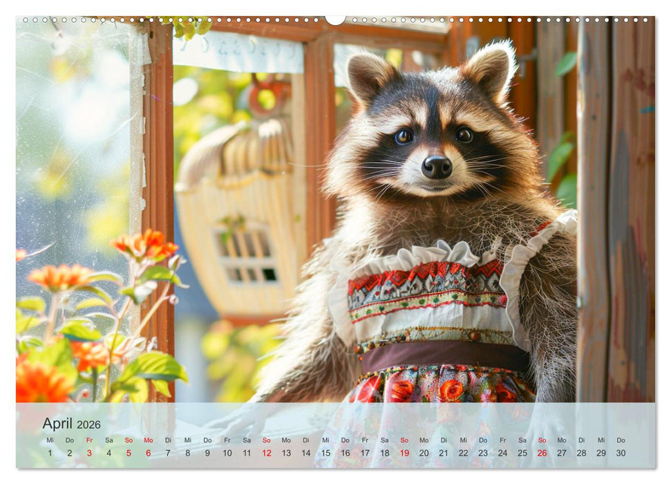 Niedlicher Waschbären-Style. Modisch, elegant und blumig (CALVENDO Premium Wandkalender 2026)