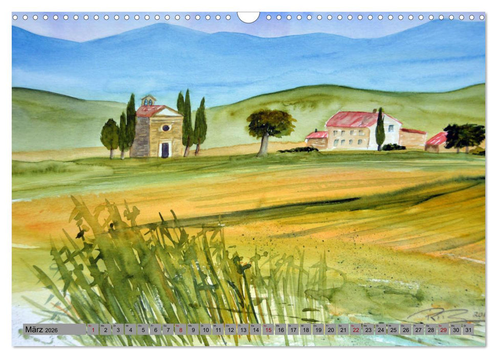 Toskana Aquarelle (CALVENDO Wandkalender 2026)