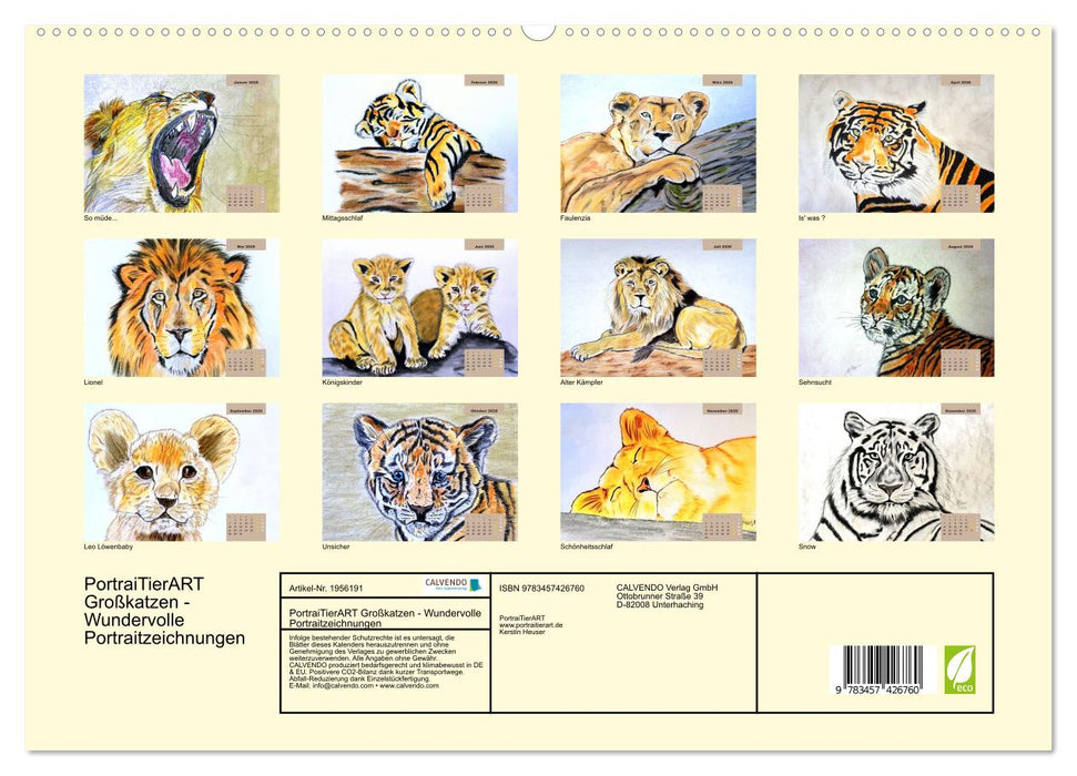 PortraiTierART Großkatzen - Wundervolle Portraitzeichnungen (CALVENDO Premium Wandkalender 2026)
