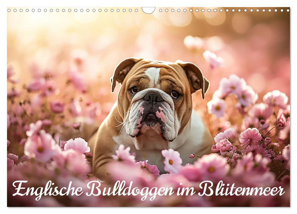 Englische Bulldoggen im Blütenmeer (CALVENDO Wandkalender 2026)