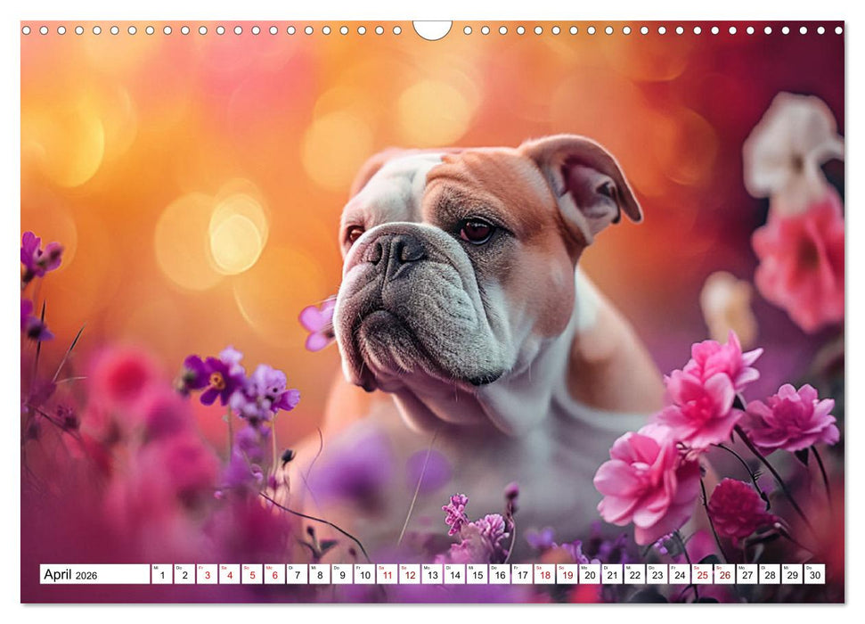 Englische Bulldoggen im Blütenmeer (CALVENDO Wandkalender 2026)