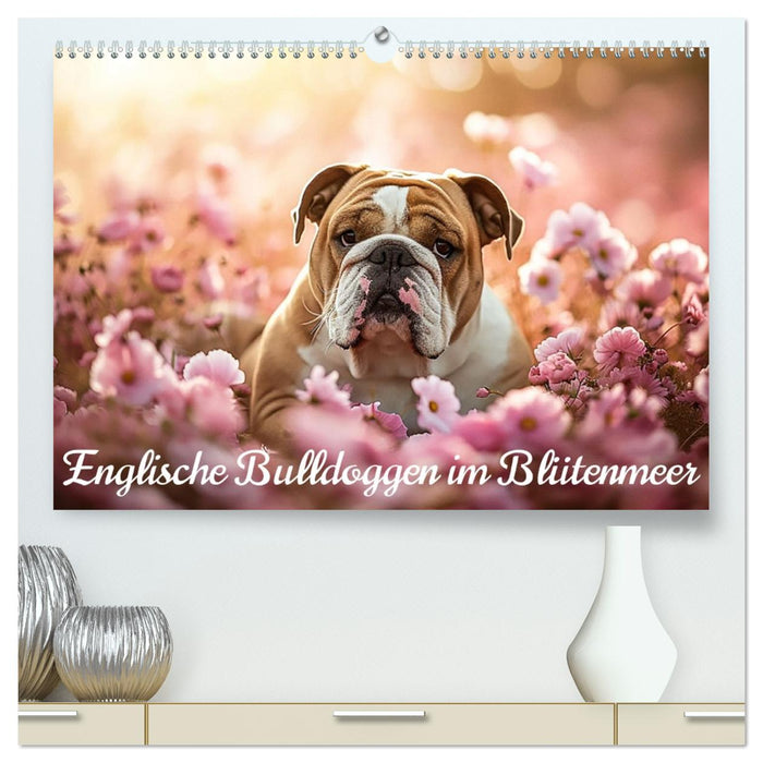 Englische Bulldoggen im Blütenmeer (CALVENDO Premium Wandkalender 2026)